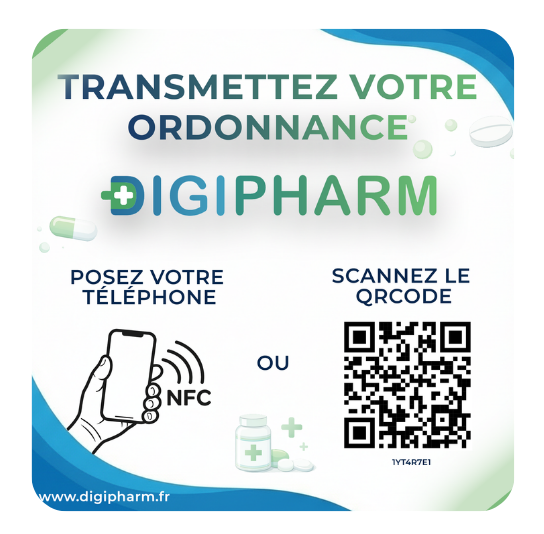 Sticker DigiPharm recto - QR Code et NFC pour envoyer une ordonnance